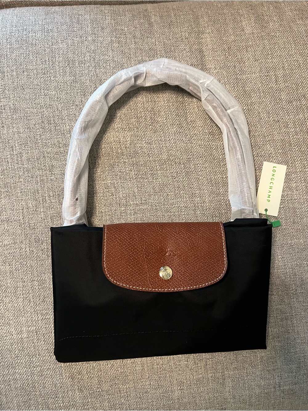 Longchamp Black Nylon Shoulder Bag with Brown Leather Flap